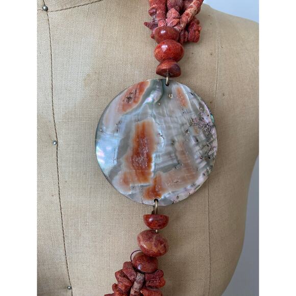 Red Sponge Coral and Mother of Pearl 6 Strand Statement Necklace 30" - Picture 2 of 6